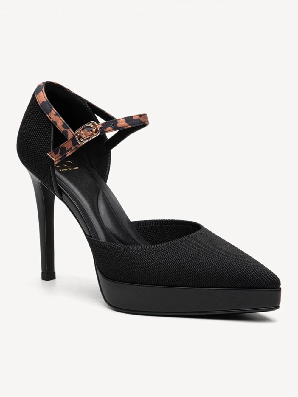 Black Pointed Mary Jane Heels with Brown Accent Strap